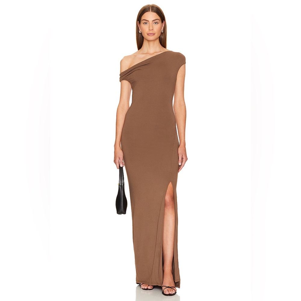 Rue Sophie Arlette Twist Off-Shoulder Brown Maxi Dress Gown